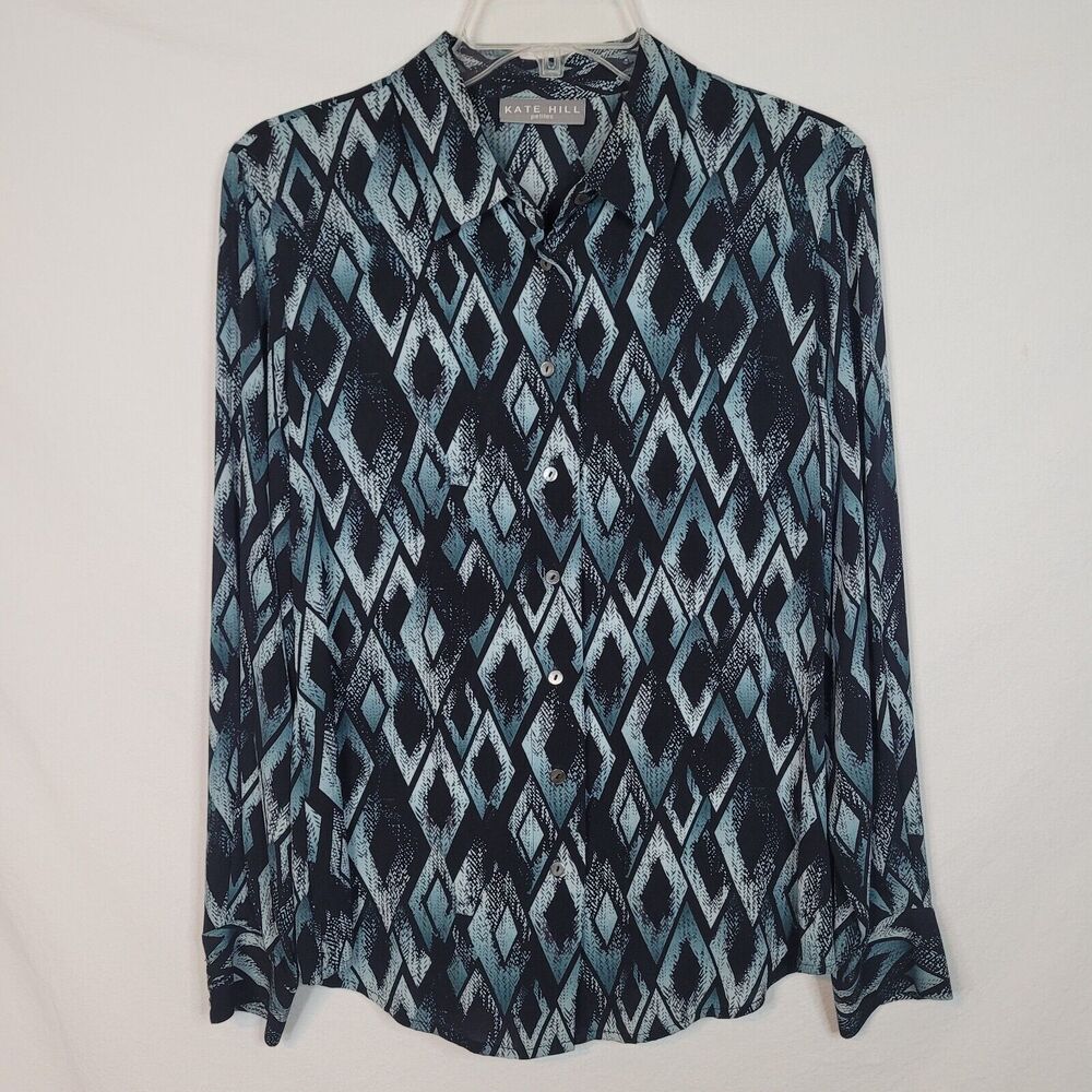 Kate Hill Petites Silk Blue Black Geometric Top Womens 12P Semi Sheer Chic Shirt